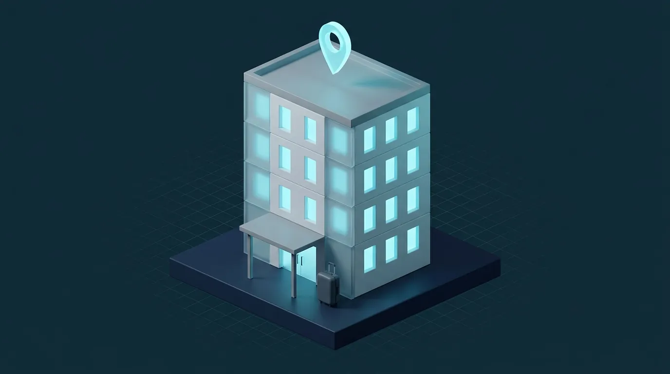 Illustration eines kleinen Hotels mit Koffer und Standort-Pin
